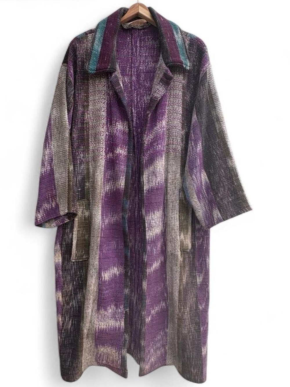 Bazar Handwoven Knit Duster Cardigan Sweater OS Open Purple Boho Artsy Long